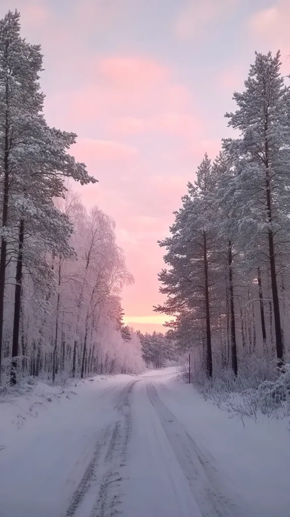 A snow-covered road winds through a winter forest at sunset.  Tall pine trees, heavily laden with snow, line the path, creating a picturesque tunnel of white.  The sky is a soft blend of pastel pink and lavender, reflecting a serene and peaceful atmosphere. The tire tracks in the snow are the only sign of recent activity in this tranquil, snowy scene.