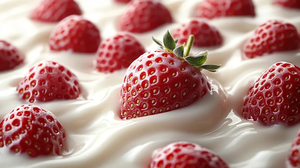 Here's a description of the image:

The photograph shows numerous ripe, red strawberries partially submerged in a creamy white substance, likely yogurt or cream. The strawberries are glistening, suggesting freshness or a light coating of moisture.  They are scattered across the surface, with one strawberry prominently featured in the foreground, its green stem and calyx clearly visible. The creamy background swirls gently, creating a visually appealing texture contrast with the smooth surfaces of the berries. The overall impression is one of deliciousness and refreshment.