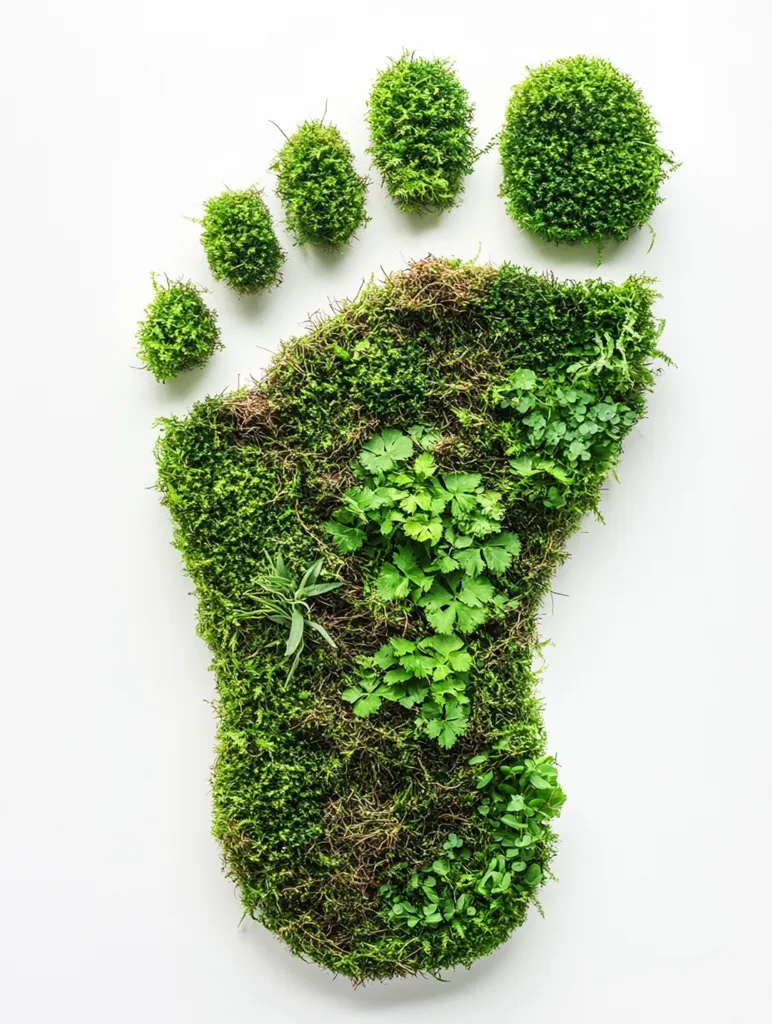 Here's a description of the image:

The image shows a footprint shape created entirely of vibrant green moss and various small plants.  The toes are represented by individual clumps of moss, while the sole and heel are formed from a larger expanse of moss, interspersed with patches of different herbs and greenery. The overall effect is one of lush, natural growth, creating a visually striking representation of a positive environmental footprint.  The stark white background emphasizes the green artwork.