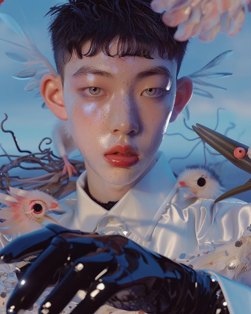 Here's a description of the image:

Close-up view of a young person with dark, short hair styled with bangs, wearing a white collared shirt adorned with sequins. Their face features pale skin with subtle freckles, and their makeup emphasizes large, light-colored eyes.  They are surrounded by surreal, whimsical elements: small, bird-like creatures with large eyes, delicate, wing-like accessories, and dark, almost robotic-looking gloves. The overall aesthetic is ethereal and fantastical, with a blend of soft and edgy elements, set against a cool-toned background. The image is highly stylized and possibly a fashion or editorial photograph.