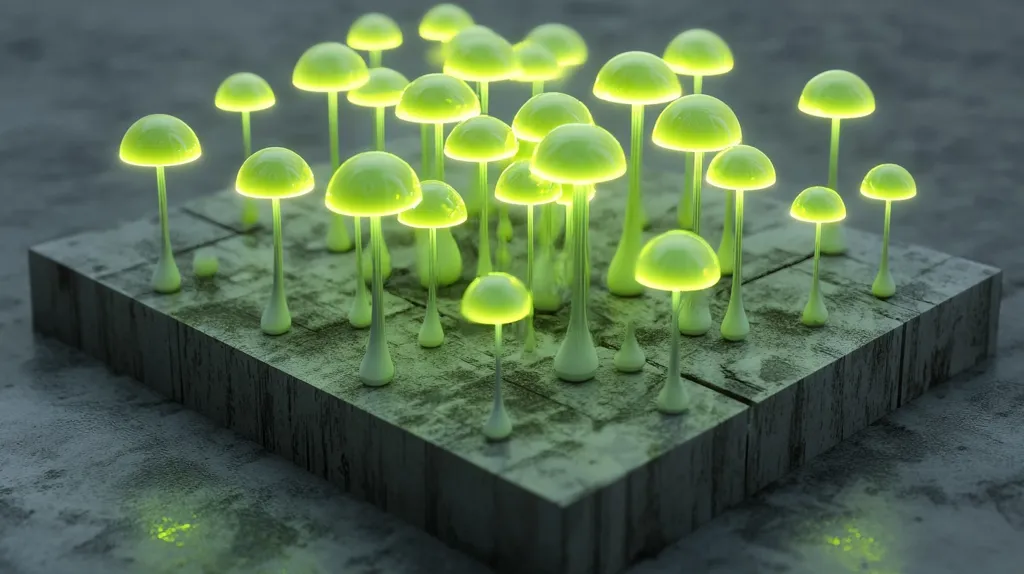 A cluster of luminous, lime-green mushrooms sprout from a square, textured grey platform.  The mushrooms have smooth, bulbous caps and slender stems with bulbous bases, appearing almost bioluminescent. They are densely packed together, creating a surreal and otherworldly scene. The platform rests on a dark, mottled surface, suggesting a damp or subterranean environment. The overall image is digitally rendered, with a focus on smooth surfaces and vibrant, unnatural lighting.