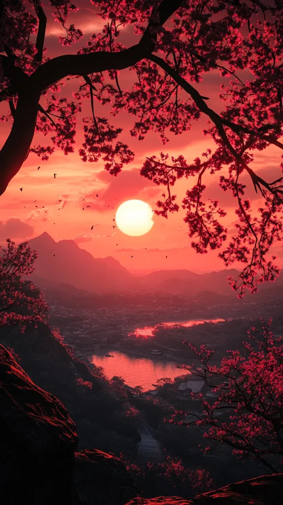 Here's a description of the image:

A breathtaking sunset bathes a landscape in fiery hues of red and orange.  A large, silhouetted tree, laden with blossoms, frames the scene, its branches reaching across the vibrant sky.  A large, bright sun dominates the center, casting a warm glow over distant mountains and a winding river that meanders through a valley.  Birds fly in the sky, adding to the peaceful yet dramatic ambiance. The overall tone is serene and evocative, suggesting a mystical or dreamlike quality.