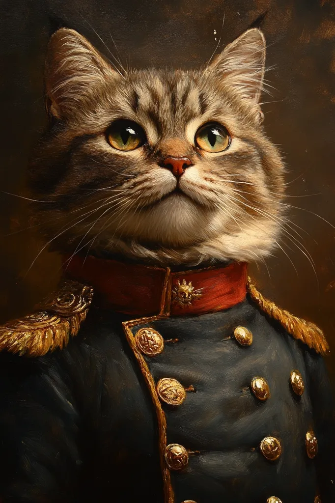 Here is a description of the image:

The artwork depicts a long-haired tabby cat, meticulously rendered in a style reminiscent of classical portraiture. The cat is dressed in a dark blue military-style uniform, complete with gold epaulets, red collar, and ornate gold buttons. The cat's gaze is directed slightly upward, and its expression is serious and dignified. The background is a muted, dark brown, which further emphasizes the cat and its attire. The overall effect is one of humor and sophistication, contrasting the feline subject with the formal attire.  The painting style suggests oil on canvas, with visible brushstrokes adding to the texture.