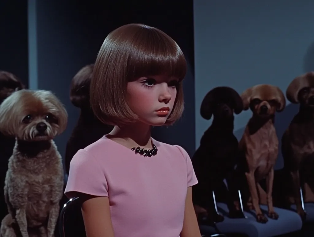 A young girl with a short, blunt brown bob sits in a chair, wearing a pale pink dress and a dark necklace.  She has a serious expression.  Behind her, a row of groomed dogs, primarily poodles and possibly a Shih Tzu, sit patiently in chairs, creating a striking contrast to the girl's stillness. The setting appears to be a formal, possibly professional, environment with a dark, moody atmosphere. The image evokes a sense of quiet anticipation or unease.