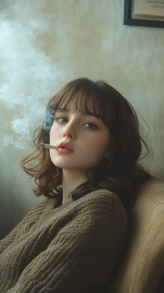 A young woman with shoulder-length brown hair and bangs sits in a chair, exhaling smoke from a cigarette.  She wears a textured, brown knit sweater. The background is a muted beige wall with a framed picture partially visible.  The overall mood is contemplative and slightly melancholic, accentuated by the soft lighting and hazy smoke. The image has a vintage or film-like quality.