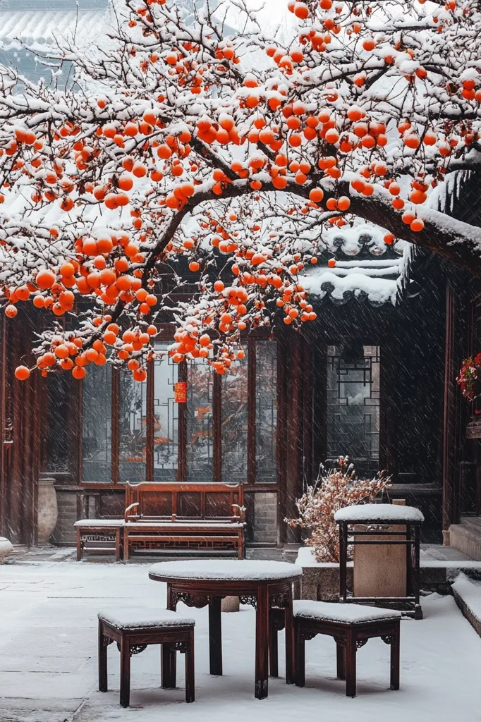 A snow-covered courtyard scene in a traditional Chinese building.  A persimmon tree laden with bright orange fruit, dusted with snow, dominates the foreground.  Snow gently falls, blanketing wooden tables, stools, and a bench.  The background reveals a weathered wooden structure with snow-covered rooftops and windows. The overall atmosphere is serene and tranquil, capturing a moment of winter beauty in a historic setting.