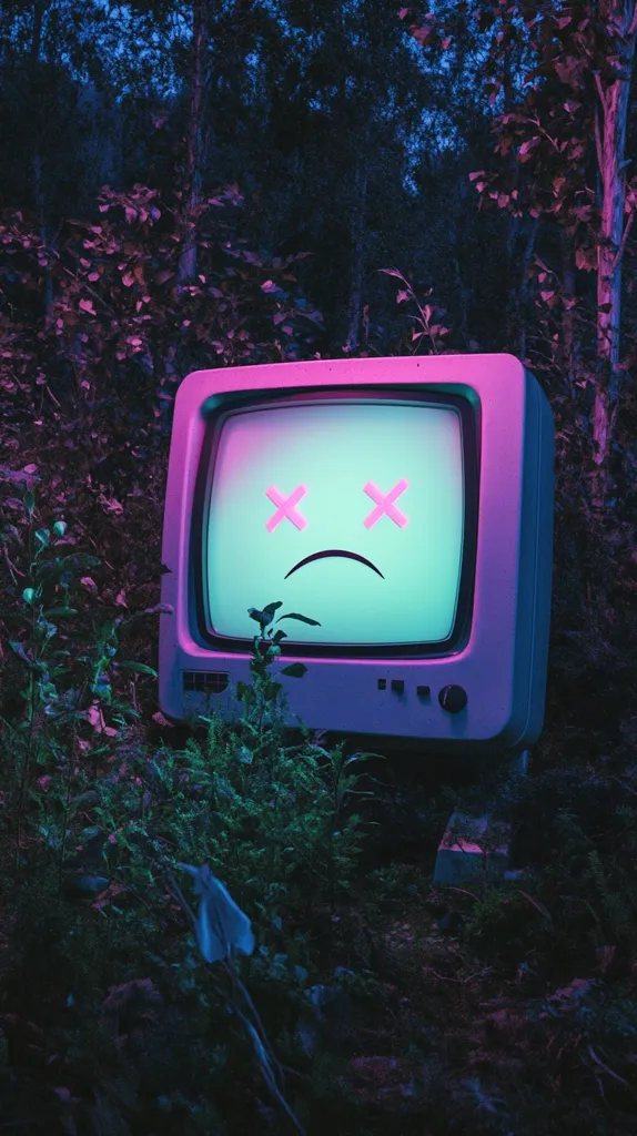Here's a description of the image:

An old, boxy television sits nestled amongst lush, dark green vegetation in a dimly lit forest. The screen glows with a soft, teal light, displaying a simple, cartoonish face with X's for eyes and a downturned mouth, conveying sadness or death. The overall color scheme is muted, with purples and blues dominating the scene, creating a melancholic and slightly eerie atmosphere. The contrast between the vintage technology and the natural setting enhances the image's surreal and possibly symbolic nature.