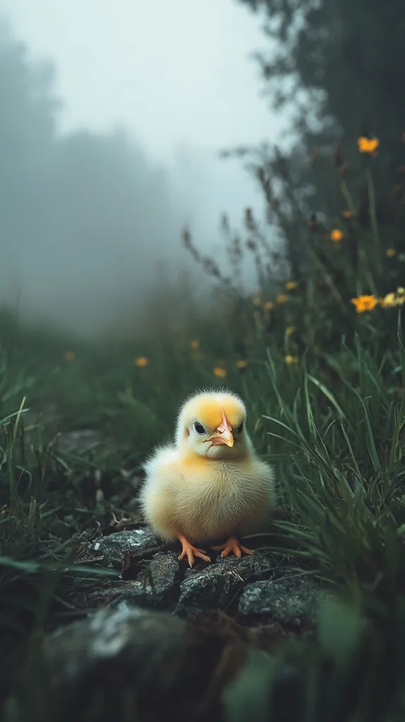 A fluffy yellow chick sits amongst lush green grass and dark stones.  The background is softly blurred, showing a misty forest scene with hints of yellow wildflowers.  The chick's small size is emphasized by the surrounding greenery, creating a serene and slightly melancholic mood.  The overall tone is muted and natural, highlighting the fragility of the small creature in its environment.