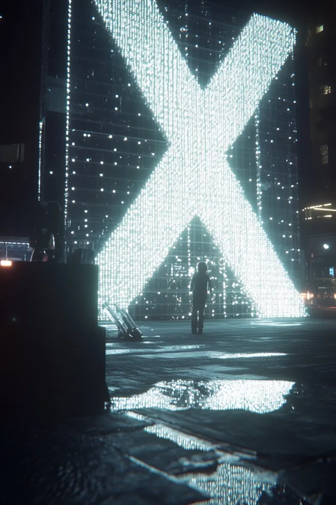 A large building is illuminated by a massive, luminous X shape formed from countless small lights. The X dominates the facade, creating a striking visual contrast against the dark night. A lone figure stands in the foreground, dwarfed by the scale of the light display, their silhouette silhouetted against the intense brightness. Reflective puddles on the wet ground mirror the light spectacle, adding to the futuristic and somewhat surreal atmosphere. The overall scene is stark, modern, and captivating.
