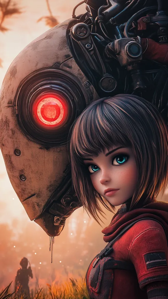 A stylized digital illustration features a young girl with short brown hair and striking blue eyes. She is positioned closely beside a large, weathered robotic head with a glowing red central eye. The girl wears a red, utilitarian-style jacket, suggesting a post-apocalyptic or sci-fi setting. The background is a blurred, warm-toned landscape, hinting at a desolate environment.  The overall mood is one of quiet determination and a strong bond between human and machine.