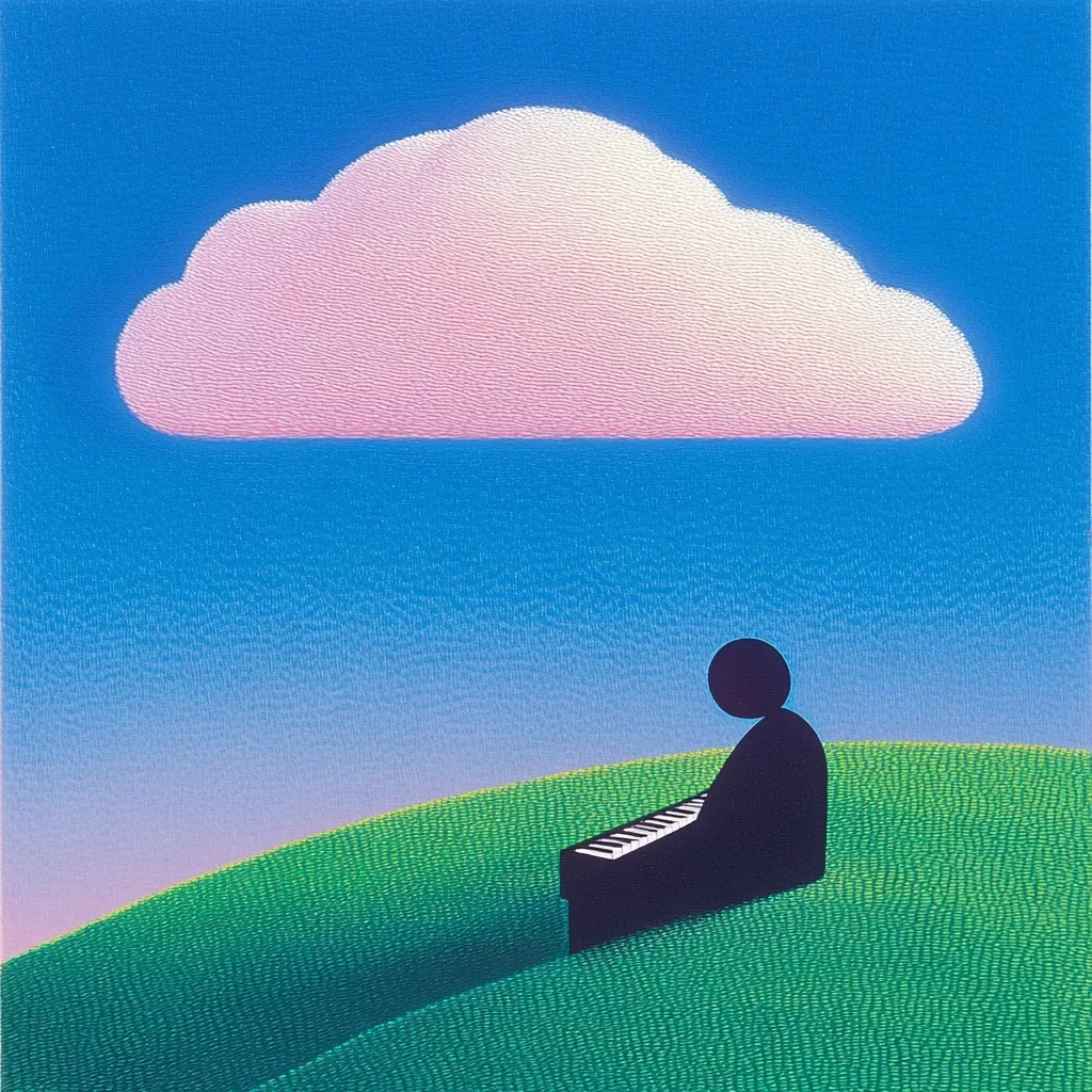 The image is a stylized depiction of a serene scene. A lone, minimalist figure sits at a keyboard on a gently sloping green hill under a large, pale pink cloud in a vibrant blue sky.  The style is reminiscent of mid-century modern art, using bold, simple shapes and a textured, almost pointillist effect to render the scene. The overall mood is peaceful and contemplative.