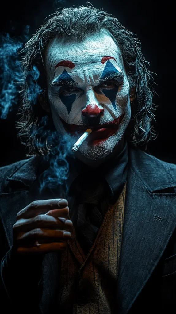 A close-up shot captures a man meticulously crafted to resemble the Joker. His face is painted with the iconic clown makeup: white base, red lips, and blue tear-like streaks.  Long, dark hair frames his face, and he's dressed in a dark suit and vest.  He holds a cigarette, exhaling smoke that adds to the dramatic, shadowy ambiance of the image. The overall effect is one of menacing intensity and unsettling charisma.