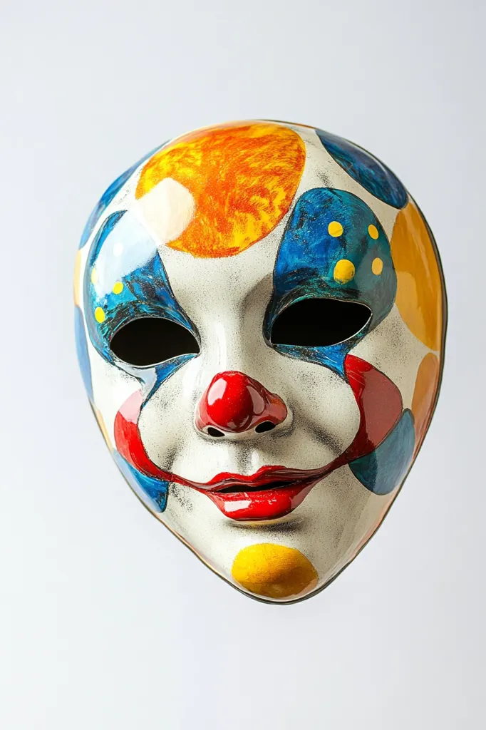 Here's a description of the image:

The photograph shows a vibrant, handcrafted clown mask against a plain white background. The mask is predominantly white, adorned with irregular, colorful spots in shades of orange, blue, and yellow. The clown's features are exaggerated, with a bright red nose and mouth, dark eyeholes, and painted-on details suggesting a cheerful, almost mischievous expression. The mask's surface appears smooth and slightly glossy, suggesting a material like painted ceramic or resin.  The overall impression is one of playful artistry.