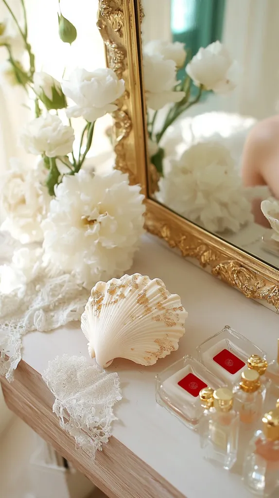 A gold-framed mirror reflects white flowers, mirroring the bouquet on the vanity.  A delicate, gold-flecked seashell rests on the light wood surface, next to small, clear dishes containing what appears to be perfume samples.  Lace fabric adds a touch of elegance. The overall aesthetic is soft, romantic, and luxurious.  The scene is bathed in soft, natural light.