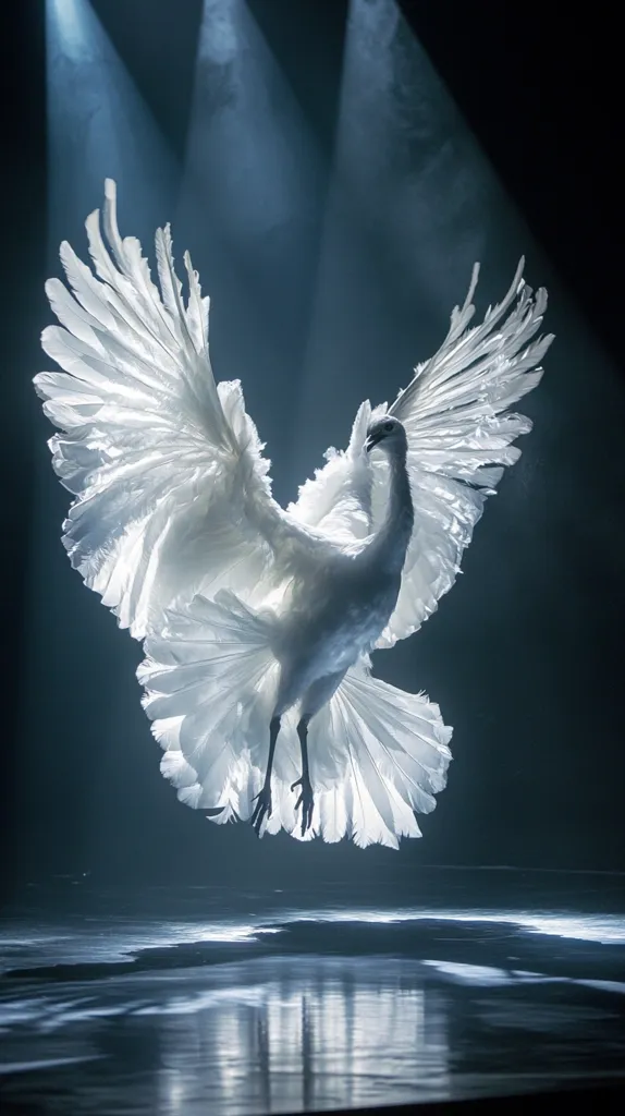 A white peacock, its wings fully extended, is captured in mid-air against a dark background.  Spotlights illuminate the bird, emphasizing its pristine plumage and graceful posture.  The feathers are strikingly detailed, and the peacock appears to be in a moment of suspended flight, creating a dramatic and ethereal image. The reflective surface below subtly mirrors the scene.