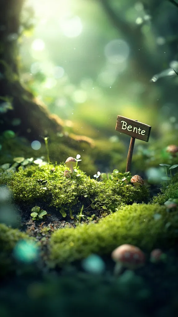 A whimsical forest scene unfolds, bathed in soft sunlight filtering through the trees. Lush green moss carpets the ground, punctuated by tiny mushrooms.  A small wooden sign, reading "Bente," is planted amidst the flora. The overall atmosphere is enchanted and serene, suggesting a magical, fairytale setting. The depth of field emphasizes the mossy foreground, drawing the viewer's eye to the charming details.