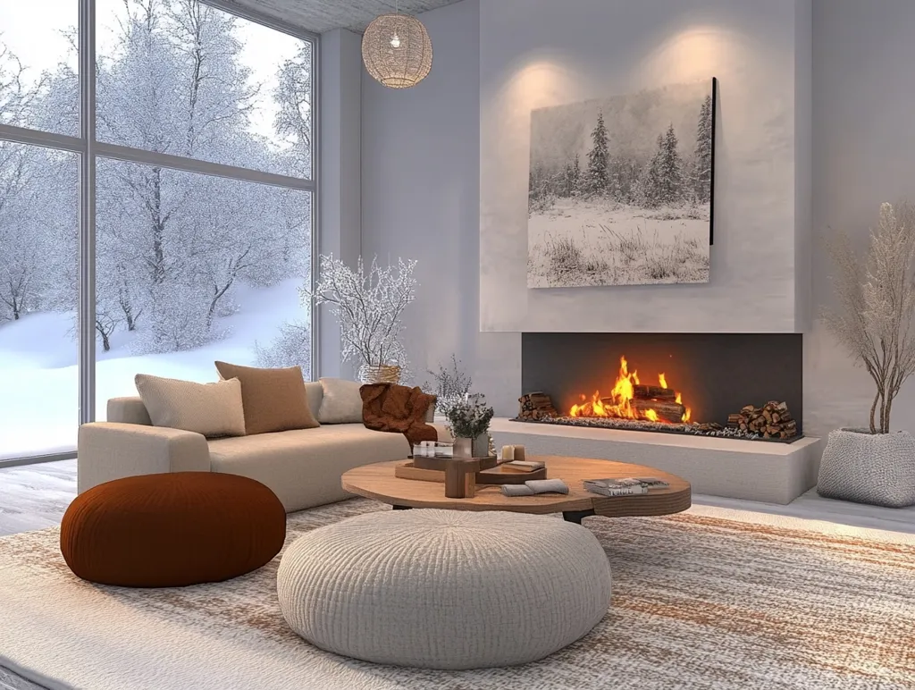 Here's a description of the image:

A cozy living room features a light beige sofa with neutral-toned throw pillows, situated before a modern fireplace with a crackling fire.  A large window showcases a snowy winter landscape, providing a tranquil backdrop.  The room is styled with earthy tones, including a textured rug,  round ottomans in shades of beige and burnt orange, and a low wooden coffee table.  A snowy landscape painting hangs above the fireplace, complementing the wintery view. The overall aesthetic is calm, minimalist, and inviting.