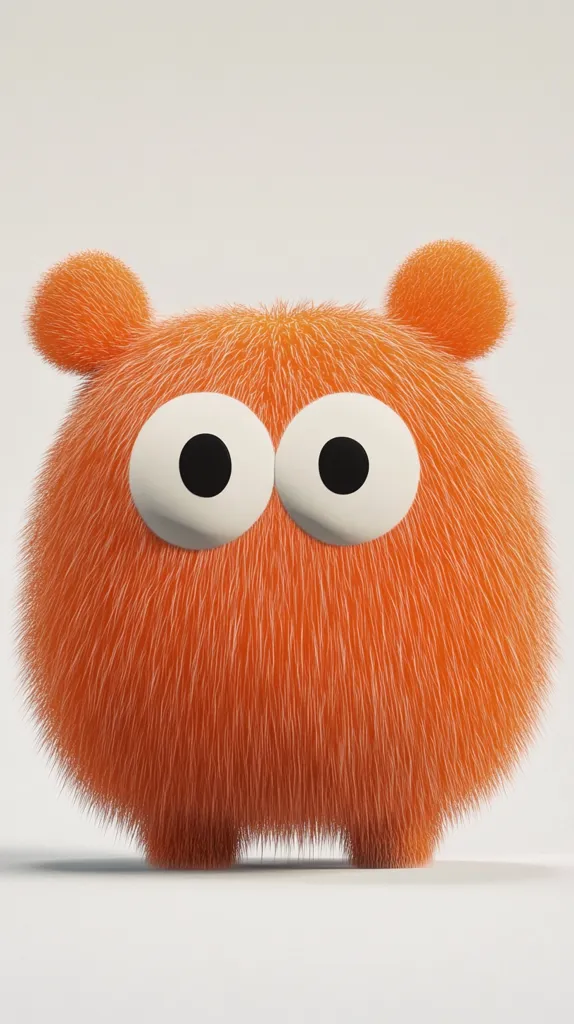 The image shows a fluffy, orange creature.  It's round with small, stubby legs and large, expressive eyes.  The fur is long and appears soft.  The creature has small, rounded ears on the top of its head.  The overall style is cartoonish and friendly, suggesting a playful, child-like character. The background is a simple, plain white.