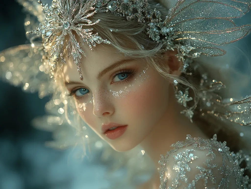 Here's a description of the image:

Close-up view of a young woman with fair skin and blonde hair styled in loose waves. She is adorned with an elaborate, sparkling silver headpiece featuring a large snowflake design and delicate, iridescent wings.  The headpiece extends to earrings of similar design.  Her makeup includes shimmery accents, enhancing a ethereal, almost fairy-like quality. The background is blurred and softly lit in cool, muted tones, suggesting a fantasy or magical setting. The overall impression is one of delicate beauty and otherworldly charm.