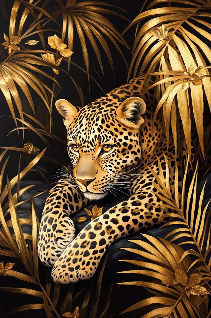 Here is a description of the image:

The artwork depicts a leopard resting amidst lush, gold-toned tropical foliage.  The leopard's coat is meticulously detailed, showcasing its characteristic spots in shades of brown and black against a tan background. Its expression is calm and observant. The background features palm-like leaves rendered in a striking gold, providing a rich contrast to the leopard's fur and creating a luxurious, almost gilded effect.  The overall style suggests a sophisticated and artistic representation of wildlife within a vibrant, exotic setting.  The dark background enhances the gold and the leopard's coloring, making both stand out.
