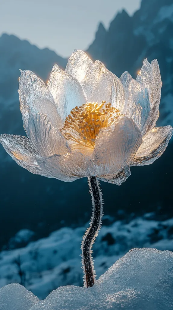 A single, delicate flower, seemingly made of ice, blossoms amidst a snowy landscape.  Its petals are translucent, catching the light, revealing a golden center. The stem, frosted with ice crystals, curves elegantly.  The background features a blurred, majestic mountain range under a muted sky, creating a striking contrast between the fragility of the flower and the ruggedness of its surroundings.  The image evokes a sense of serene beauty and resilience in a cold, harsh environment.