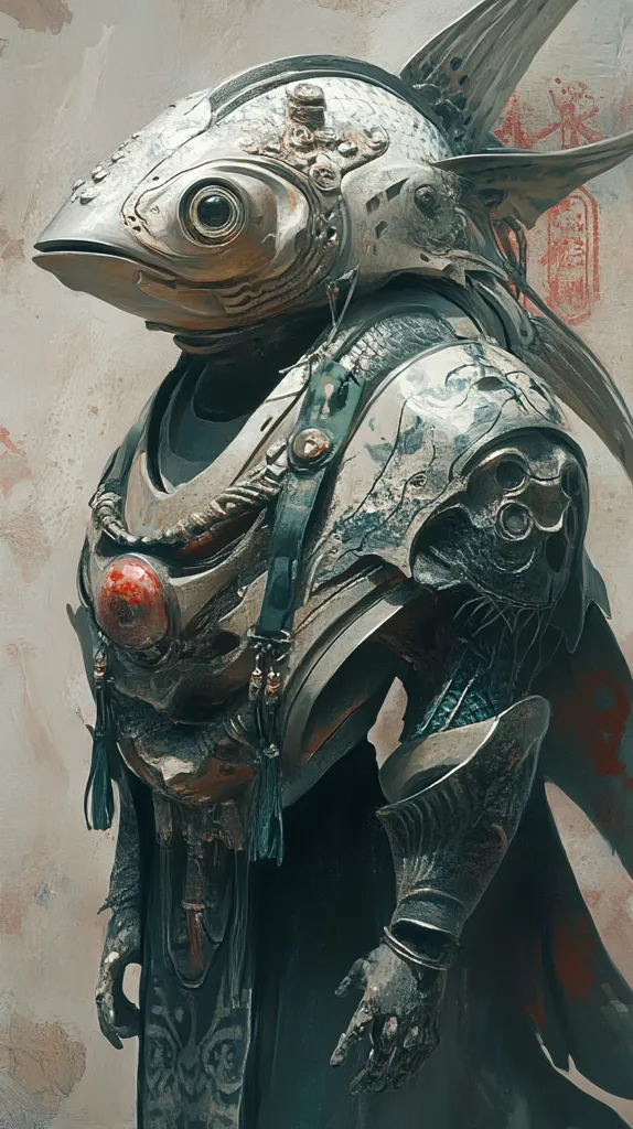 The artwork depicts a fantastical figure, seemingly a warrior or guardian, with a detailed, metallic fish-head helmet.  The armor is ornate and weathered, suggesting age and battles fought.  A teal sash is visible, contrasting with the predominantly grey and silver tones.  The figure's hands are gauntleted, emphasizing its power.  The background is muted, a textured beige, allowing the intricate design of the figure to take center stage.  The style blends elements of steampunk, Asian-inspired armor, and bio-mechanical design.