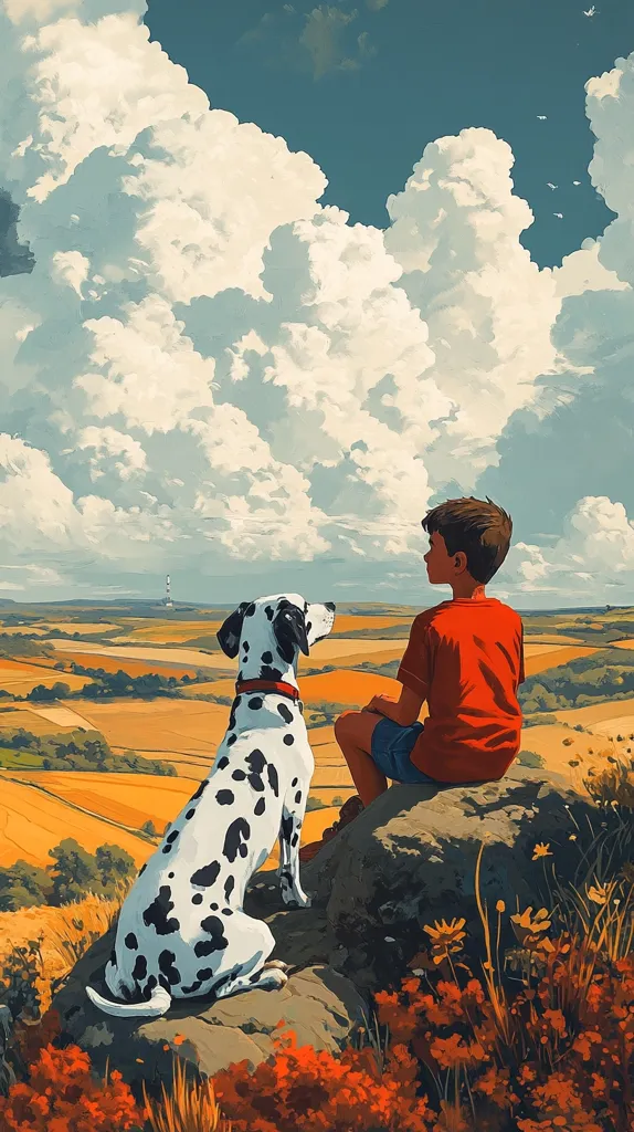 A young boy sits on a rock with his Dalmatian, gazing out over a picturesque landscape.  Rolling hills of golden farmland stretch to the horizon under a dramatic, puffy sky filled with fluffy white clouds.  The boy wears a red shirt and shorts, while his dog sits attentively beside him. The scene evokes a sense of peace and tranquility in the idyllic countryside setting.  Wildflowers bloom at the base of the rock, adding to the scene's natural beauty.