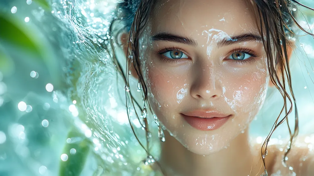 Here's a description of the image:

Close-up view of a young woman's face, partially covered in water droplets and a translucent, white substance, possibly a facial cleanser or mask. Her wet, dark hair cascades around her face. She has light skin, prominent eyebrows, and light-colored eyes. Her expression is serene and slightly smiling. The background is blurred, showing a teal-green hue suggestive of water or a lush environment. The overall mood is clean, fresh, and ethereal.  The focus is sharply on her face, contrasting with the soft blur of the background.