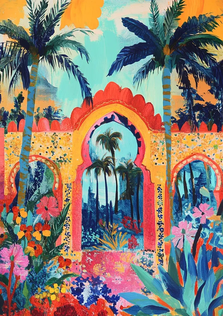A vibrant, colorful painting depicts a Moorish-style archway framed by lush tropical foliage.  Palm trees flank the structure, their deep greens and blues contrasting with the bright pinks, oranges, and yellows of the architecture and flowers. The archway leads to a hidden garden, hinted at through a vibrant turquoise opening. The style is expressive and painterly, with bold brushstrokes conveying a sense of warmth and exotic beauty. The overall impression is one of a lush, vibrant oasis.