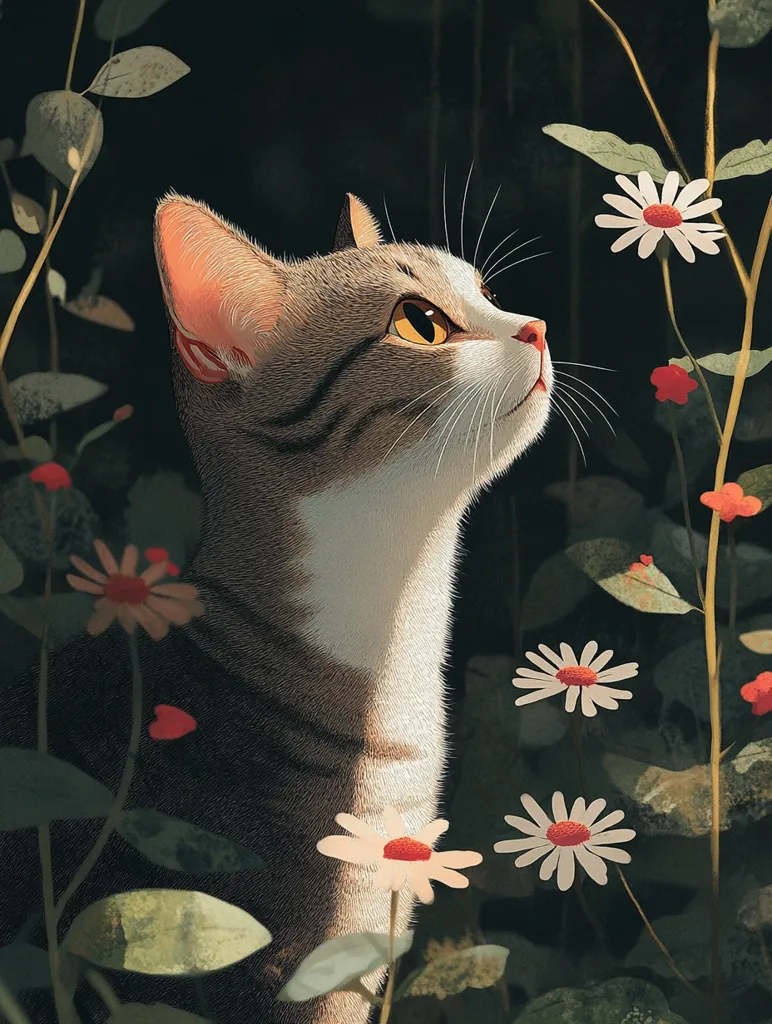 Here's a description of the image:

The illustration depicts a grey tabby cat with white chest fur, positioned slightly off-center, gazing upward. Its expression is serene, and its fur appears soft and detailed. The cat is surrounded by a lush garden of dark green leaves and delicate pale flowers with reddish-orange centers, suggesting a peaceful and natural setting. The background is dark, emphasizing the cat and the flowers in the foreground. The overall style is realistic yet slightly whimsical, with a soft focus effect and muted color palette, creating a calm and contemplative mood.