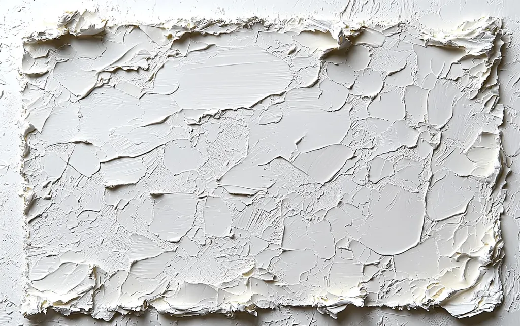 The image shows a rectangular abstract painting predominantly in shades of white.  The paint is heavily textured, applied with a palette knife to create a highly three-dimensional effect.  The surface resembles cracked plaster or relief sculpture, with peaks and valleys forming a dynamic, almost landscape-like pattern. A slightly irregular, raised frame surrounds the central textured area. The overall impression is one of stark simplicity and textural richness.