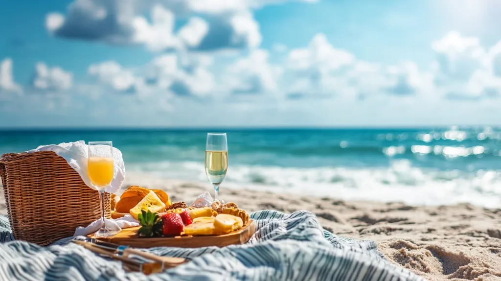 A romantic beach picnic is set on a sandy shore.  A woven basket sits beside a striped blanket, upon which rests a wooden board laden with fruit, cheese, and pastries. Two glasses, one filled with orange juice and the other with sparkling wine, complete the scene. The turquoise ocean and bright blue sky provide a stunning backdrop.  The overall impression is one of idyllic relaxation and summer bliss.