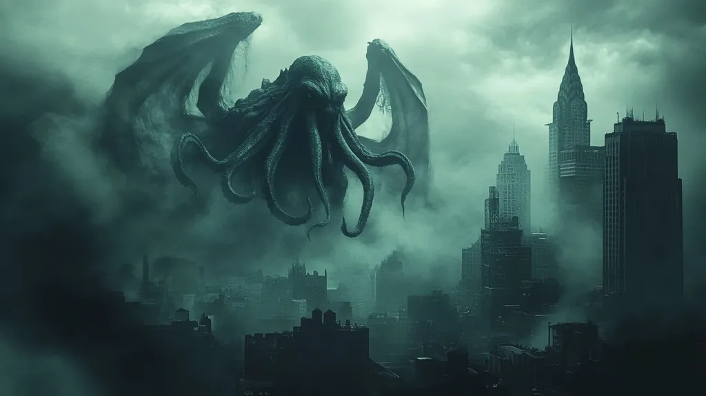 A colossal, tentacled creature, reminiscent of Cthulhu, looms over a shrouded city.  Its massive wings and body are partially obscured by a thick, greenish fog.  The city below, a blend of Art Deco and modern skyscrapers, is enveloped in the same ominous mist, creating a sense of impending doom. The overall palette is dark and moody, emphasizing the monstrous scale of the creature and the vulnerability of the urban landscape beneath.  The image evokes a sense of cosmic horror and impending destruction.