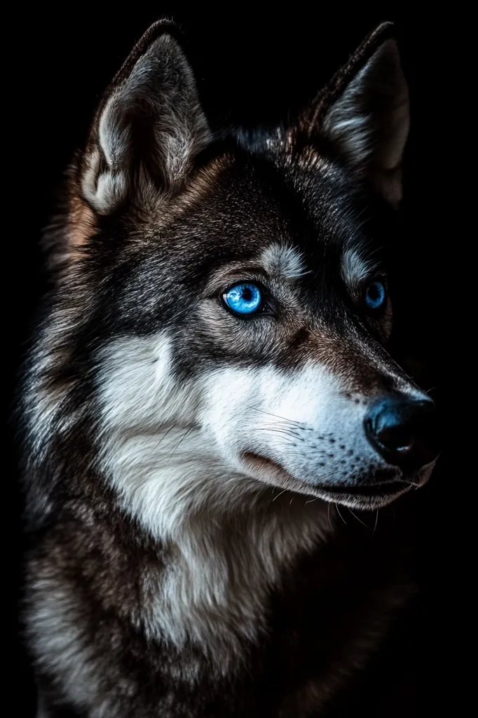 Here's a description of the image:

Close-up view of a wolf or wolf-dog hybrid, its profile turned slightly away from the camera.  The animal's fur is predominantly dark gray and black, with lighter, almost white markings on its chest and muzzle.  Its most striking feature is its piercing, bright blue eyes. The background is pure black, creating a stark contrast that emphasizes the animal's features and fur texture. The lighting highlights the wolf's eyes and facial structure, giving it an intense and captivating expression.  The overall mood is one of mystery and wild beauty.