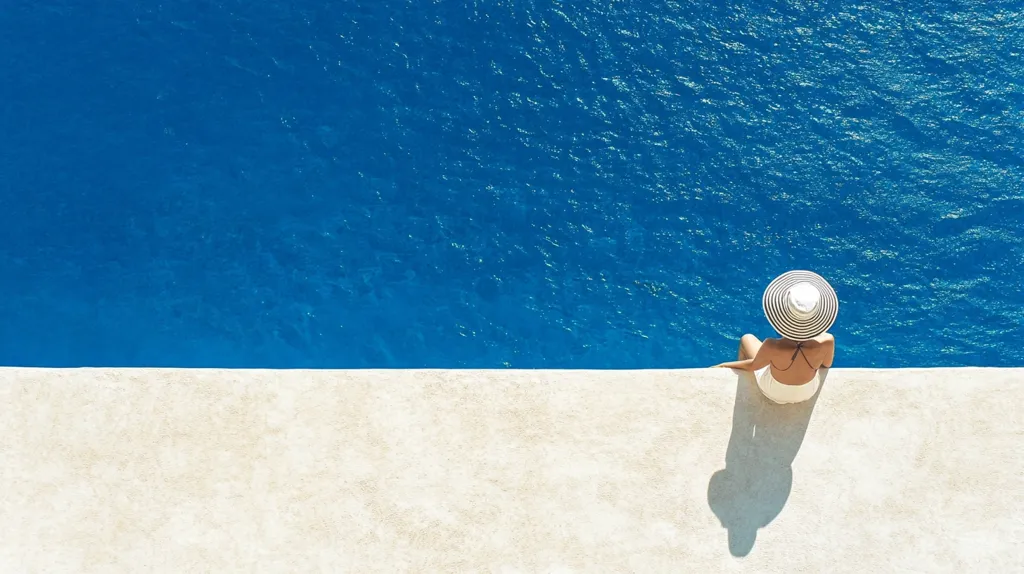 Here's a description of the image:

High-angle view of a woman sitting at the edge of a pristine, bright blue swimming pool. She's wearing a white swimsuit and a large, striped sun hat. Her back is to the camera, and her shadow is cast on the pale beige pool deck. The image is simple, clean, and evokes a feeling of summer relaxation and tranquility. The contrast between the deep blue water and the light-colored deck is striking.