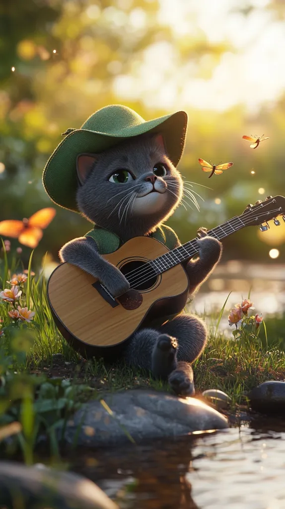 Here's a description of the image:

A charming, digitally rendered grey cat, wearing a green sun hat, sits serenely by a tranquil stream.  It delicately strums an acoustic guitar, its expression peaceful and content.  Butterflies flutter nearby in a sun-dappled setting, adding to the idyllic scene.  The lush greenery and soft light create a whimsical, almost magical atmosphere.  The overall image evokes feelings of calm and tranquility.