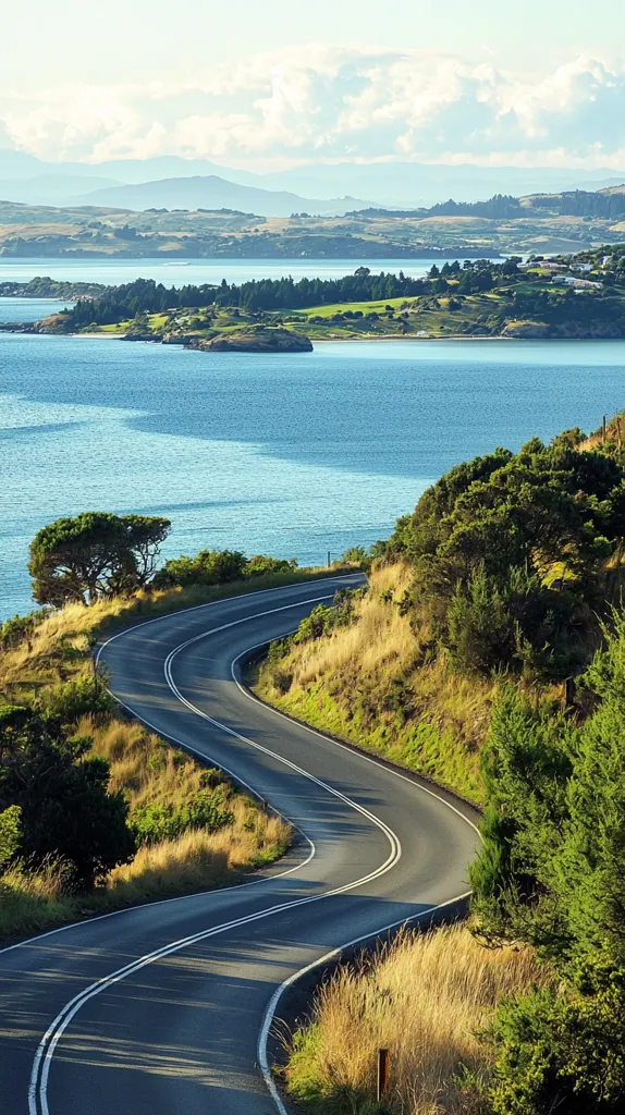 A winding coastal road curves through lush green hills overlooking a calm, blue body of water.  In the distance, rolling hills and mountains meet the horizon under a partly cloudy sky.  The scene is tranquil and idyllic, suggesting a scenic drive in a coastal region. The road's gentle curves and the vibrant greens and blues create a sense of peaceful journey.