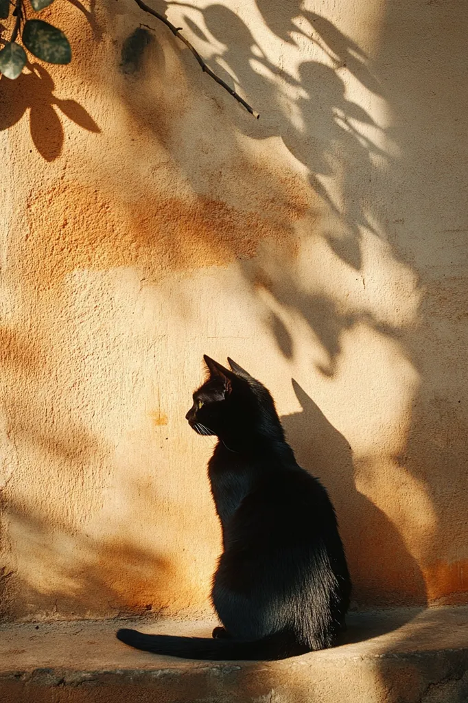 A black cat sits in profile against a warm, ochre-colored wall.  The cat is in sharp focus, its sleek fur contrasting with the soft, textured wall.  The shadows of leaves and branches from a nearby plant are cast on the wall, creating a dappled effect. The sunlight highlights the cat's form and the wall's texture, adding depth to the image. The overall mood is calm and serene, capturing a moment of quiet contemplation.