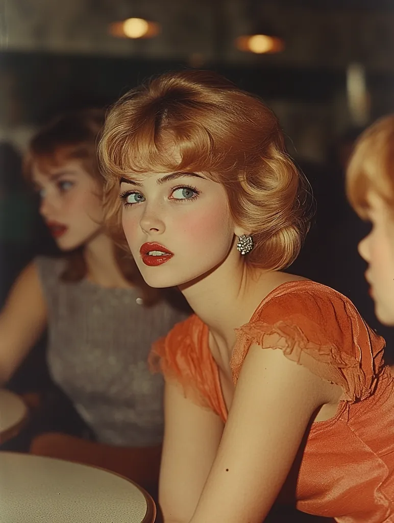 Close-up of a young woman with styled blonde hair, wearing a coral-colored sleeveless dress. Her makeup is subtly dramatic with red lipstick.  She is the focus, slightly angled towards the viewer, while two other women with similar blonde hair are visible in the softly blurred background. The setting appears to be a dimly lit restaurant or bar. The overall style evokes a vintage or retro aesthetic.