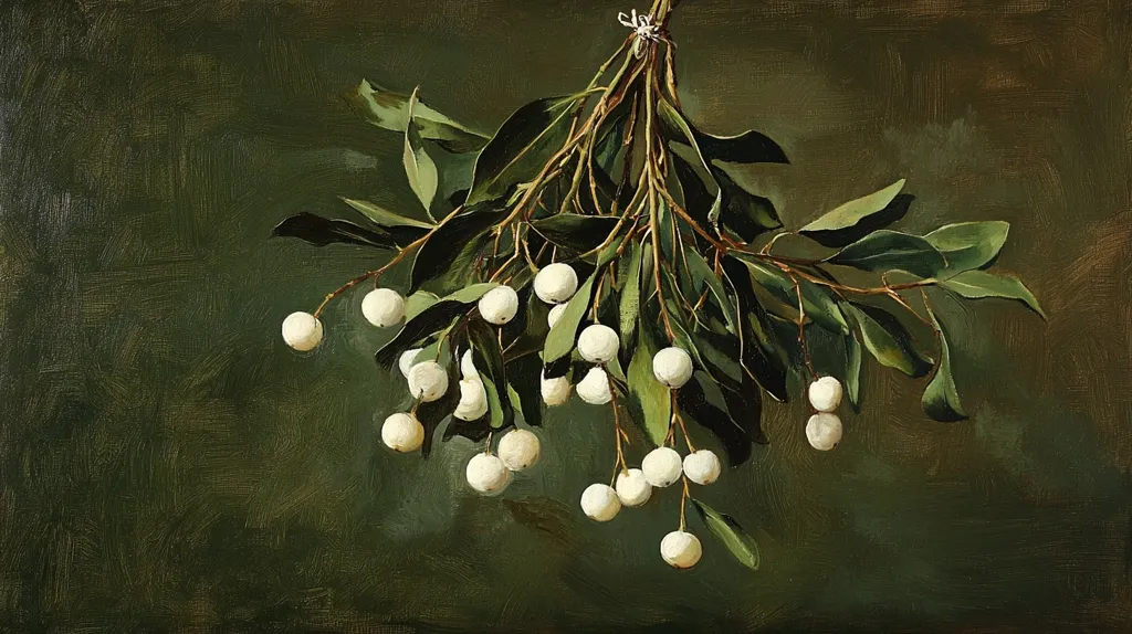 The painting showcases a detailed still life of a branch laden with creamy white berries and rich green leaves, hanging against a deep olive-green background. The artist uses visible brushstrokes to create texture, emphasizing the smooth surface of the berries and the slightly rough texture of the leaves. The overall composition is balanced and creates a sense of quiet elegance. The dark background accentuates the bright white berries, making them the focal point of the piece.  The style suggests realism with an artistic interpretation of light and shadow.