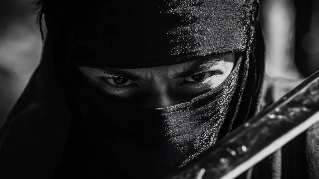 Here is a description of the image:

The black and white close-up shot features a person, possibly a ninja, whose face is mostly obscured by dark fabric.  Only their intense eyes are visible, peering out from under a hood or mask, conveying a sense of mystery and focus.  A katana, or similar long sword, diagonally cuts across the lower portion of the frame. The overall mood is dramatic, emphasizing secrecy and potential action. The dark, shadowy background adds to the image's intense and suspenseful atmosphere.