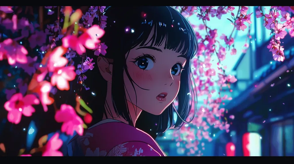 Here's a description of the image:

The image is a digital painting or rendering of an anime-style young woman. She has dark, straight hair cut to her chin, large expressive blue eyes, and rosy cheeks. She is wearing a pink kimono-like garment.  The background is a vibrant scene of pink cherry blossoms in full bloom, with a softly blurred cityscape visible behind the flowers.  The overall aesthetic is dreamy and romantic, with a focus on soft colors and delicate details.  The pink of the blossoms and the girl's clothing contrasts with the darker tones of the city.  The image has a luminous quality, as if lit by soft, magical light.