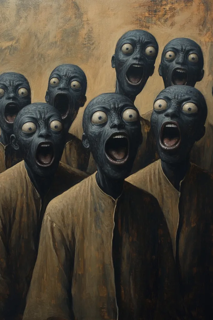 The painting depicts a group of figures with dark, almost black skin and exaggerated features.  Their eyes are wide and bulging, their mouths open in a silent scream.  They are dressed in simple, beige robes, suggesting uniformity. The background is a muted, earthy tone.  The overall effect is unsettling and evokes feelings of unease and perhaps a shared, unspoken horror. The figures' identical expressions and postures create a sense of collective dread or conformity.