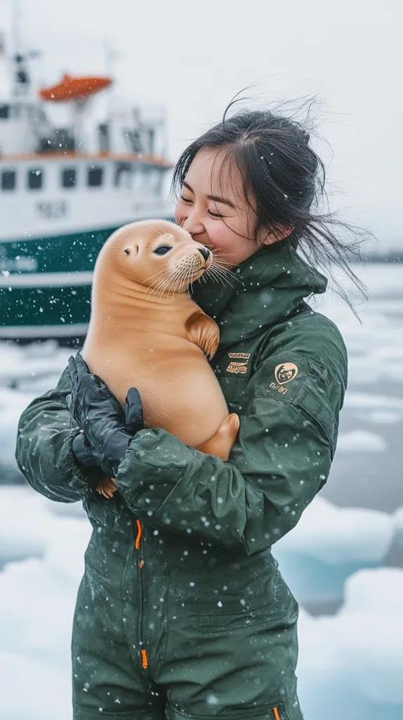 A young woman in a dark green snowsuit gently cradles a small, light brown seal pup.  Snow falls softly around them, blurring the background slightly.  A boat is visible in the distance, suggesting a cold, maritime environment.  The woman's face is illuminated with a warm smile as she nuzzles the seal, creating a touching scene of human-animal connection. The overall mood is one of gentle affection and tranquility in a wintry setting.
