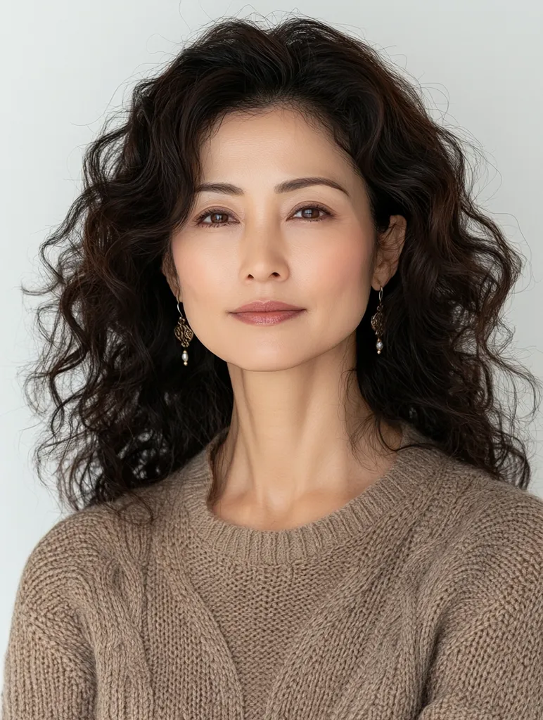 Here's a description of the image:

Close-up headshot of a woman with shoulder-length, dark, curly hair.  She's wearing a light brown, loosely knit sweater. Her makeup is natural and understated, and she wears small, delicate earrings.  The background is a plain, light grey, keeping the focus entirely on the subject.  Her expression is calm and serene, conveying a sense of quiet confidence. The overall impression is one of understated elegance and natural beauty.