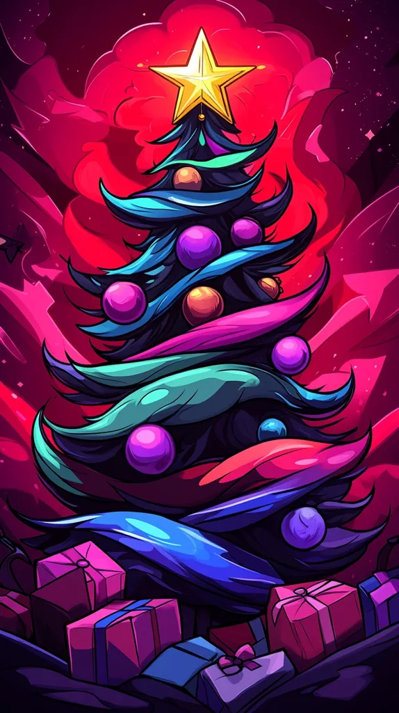 This vibrant digital artwork depicts a stylized Christmas tree adorned with colorful ornaments and a golden star. The tree's branches are rendered with dynamic, swirling lines in shades of teal, pink, and purple, contrasting against a dramatic red and black background.  Surrounding the base are several brightly colored presents, adding to the festive mood.  The overall style is bold and graphic, with a modern, almost neon-like aesthetic.