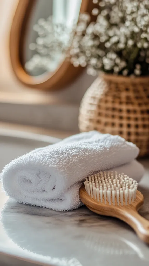 A soft white towel is neatly folded on a marble countertop, next to a wooden hairbrush with natural bristles.  A blurred background features a wooden framed mirror and a woven basket containing a bouquet of delicate white flowers. The overall scene evokes a feeling of serenity and cleanliness, typical of a spa-like bathroom setting.  The soft lighting enhances the calming atmosphere.