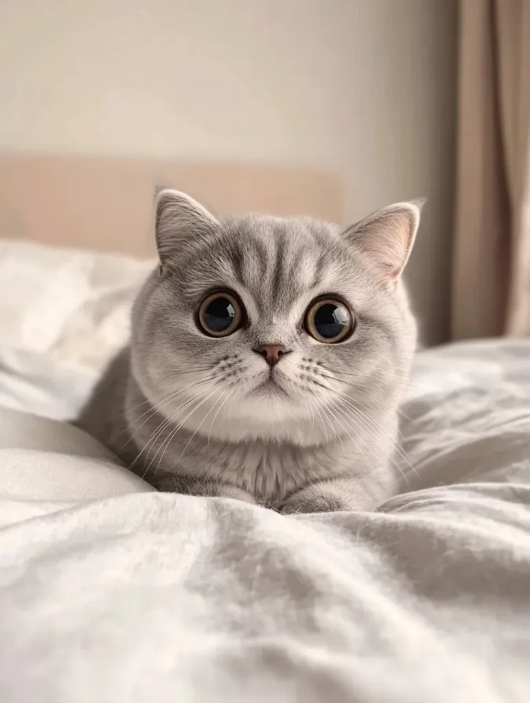 Here is a description of the image:

A gray cat with large, expressive eyes sits on a white bed. The cat's fur is soft-looking, and its gaze is directed straight ahead.  The cat's body is mostly hidden behind the bed's soft, rumpled sheets. The overall lighting and color palette are soft and muted, creating a calm, cozy atmosphere. The image is close-up, focusing attention on the cat's sweet facial features.