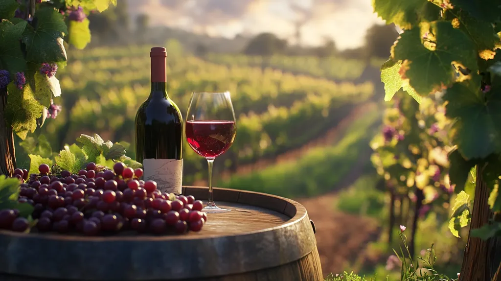 A bottle of red wine sits next to a glass of red wine on a wooden barrel.  A cluster of ripe red grapes rests in front, nestled amongst lush green vines. The idyllic setting is a vineyard bathed in the warm glow of the setting sun. The image evokes a sense of peace, tranquility, and the enjoyment of fine wine.