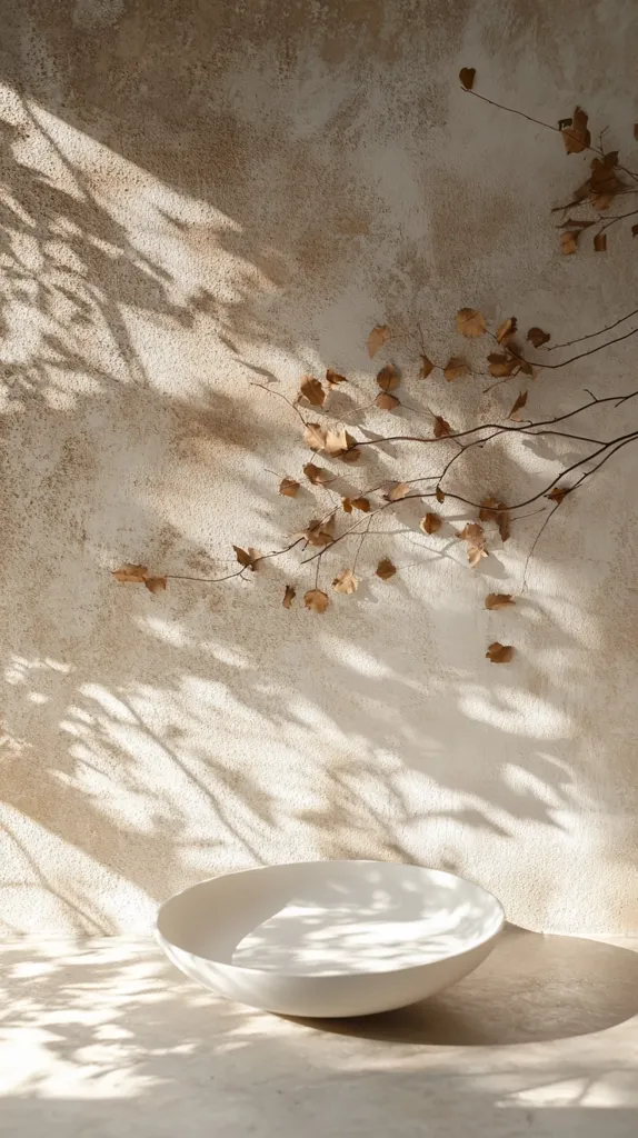 A wide, shallow white bowl sits on a light beige floor against a textured wall.  A branch with dried, light brown leaves casts dappled shadows on the wall and bowl. The overall aesthetic is minimalist and serene, emphasizing natural light and earthy tones. The scene evokes a feeling of calm and tranquility.